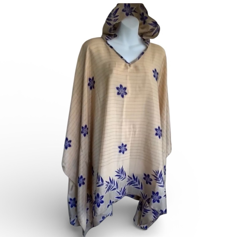 Coverup with hood, caftan, OSFM, Cream with blue flowers, cold shoulder EUC